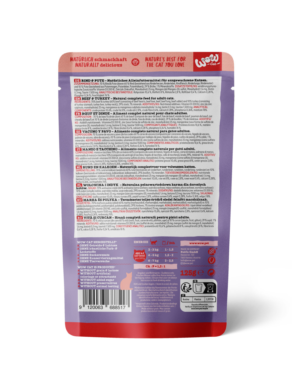 WOW CAT – Rind & Pute, Alleinfutter f. erw. Katzen, 125 g, ohne Getreide, Zuckerzusatz, künstl. Farb- & Konservierungsstoffe.