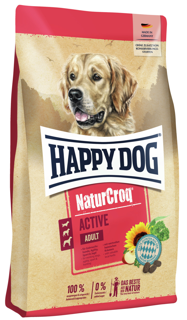HAPPY DOG NaturCroq Active Adult, für aktive, ausgewachsene Hunde, mit heim. Kräutern, 15 kg, 100 % ausgewogen, ohne Zucker, made in DE.