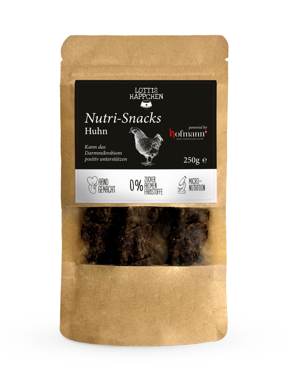 Lottis Häppchen Nutri-Snacks Huhn, für Hunde, 250 g, handgemacht, ohne Zuckerzusatz, Aromen/Farbstoffe, unterstützt Darmmikrobiota.
