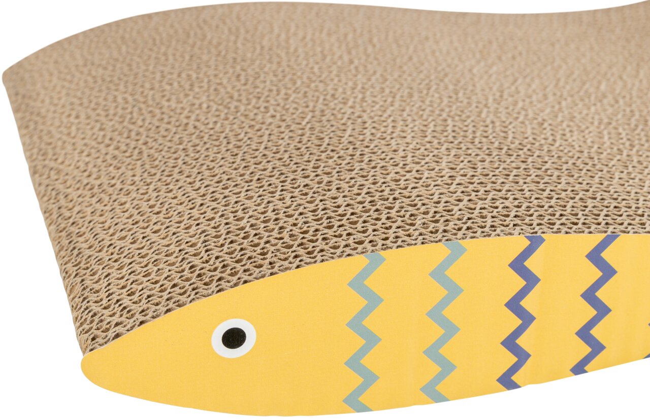 TRIXIE Kratzbrett Fisch für Katzen, gelbes Katzenspielzeug und Kratzmöbel aus Wellpappe in Fischform, 41 × 24 cm.