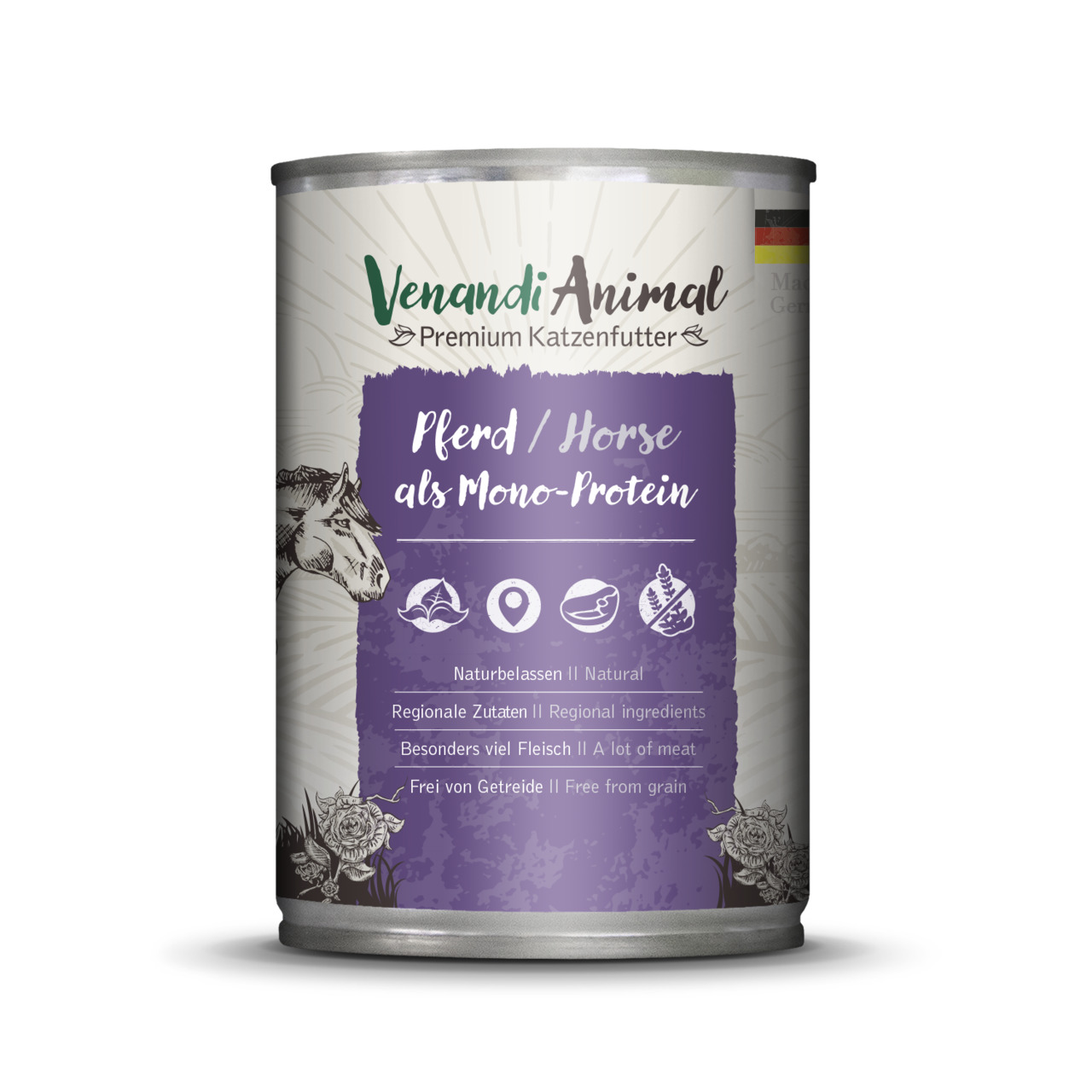Venandi Animal Katzenfutter, Pferd Mono-Protein, viel Fleisch, getreidefrei, natürliche Zutaten, regional.