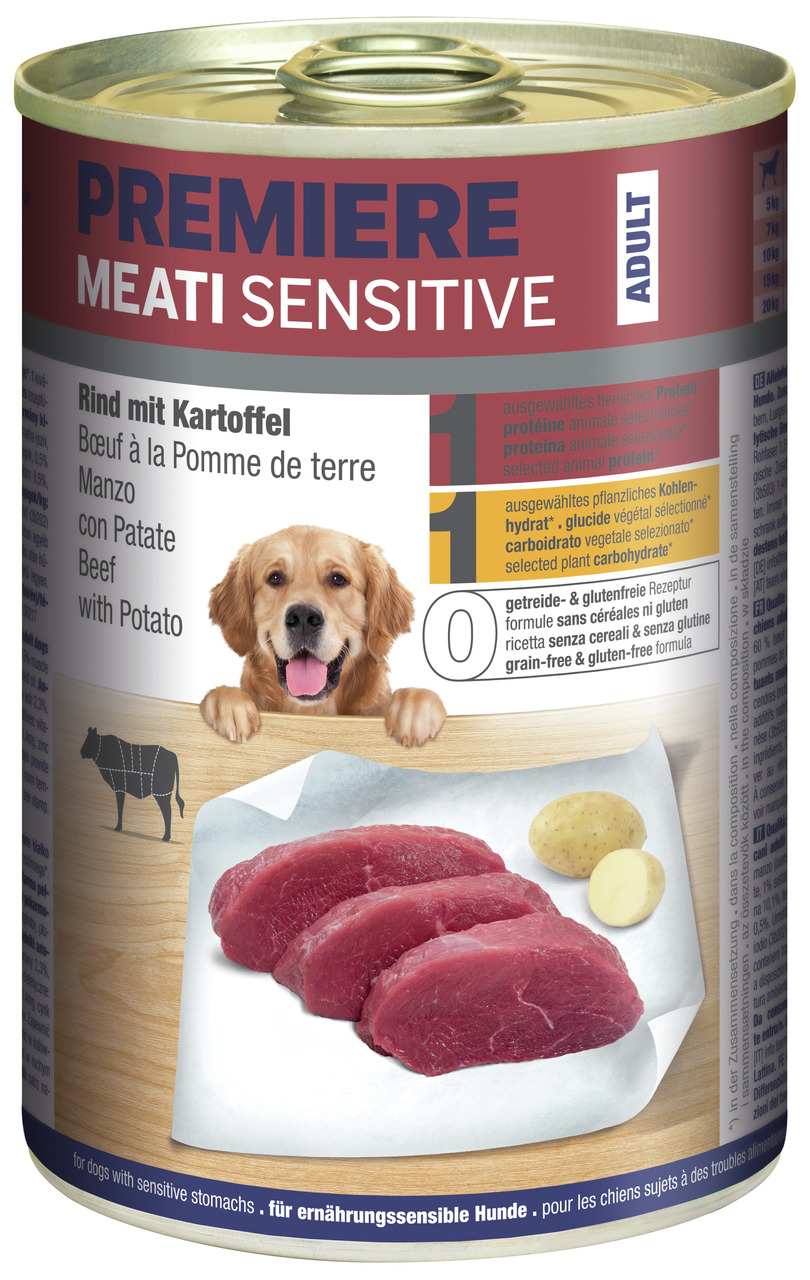Die Abbildung zeigt eine Dose Hundefutter der Marke PREMIERE mit der Bezeichnung "Meati Sensitive Adult". Das Produkt ist für ernährungssensible Hunde geeignet und enthält die Geschmacksrichtung Rind mit Kartoffel. Es handelt sich um ein getreide- und glu