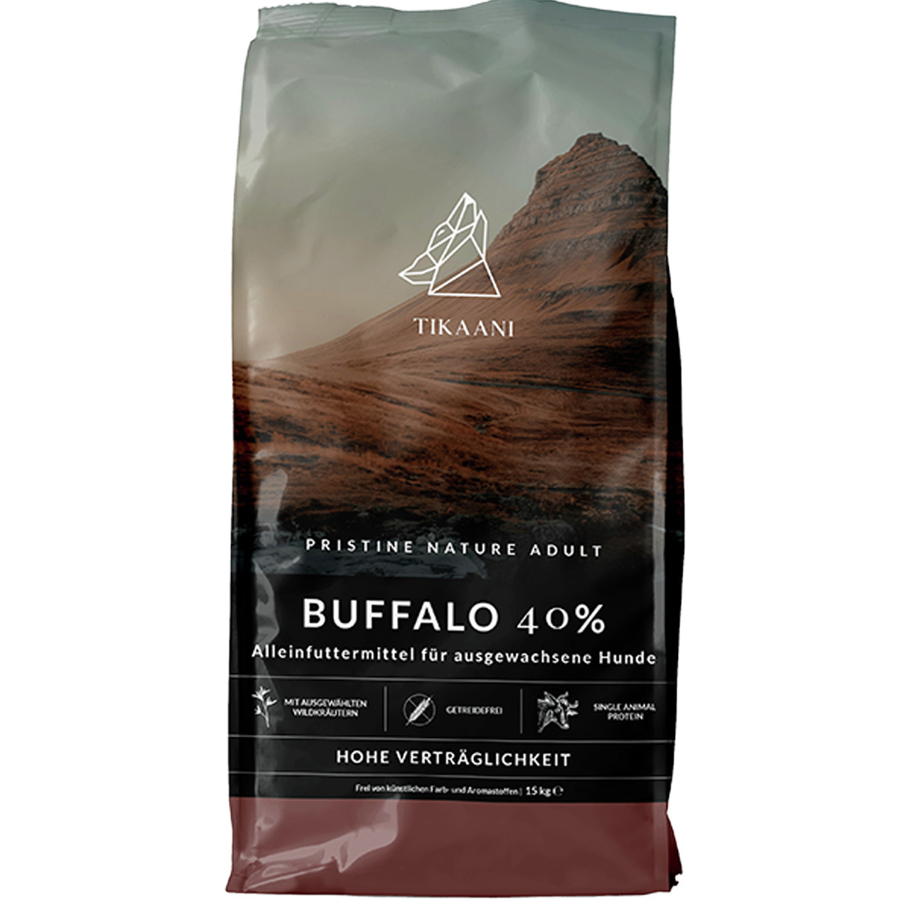 TIKAANI Pristine Nature Adult Buffalo 40%, getreidefreies Alleinfutter f. Hunde, 40% Büffel, Wildkräuter, 15 kg, hohe Verträglichkeit.