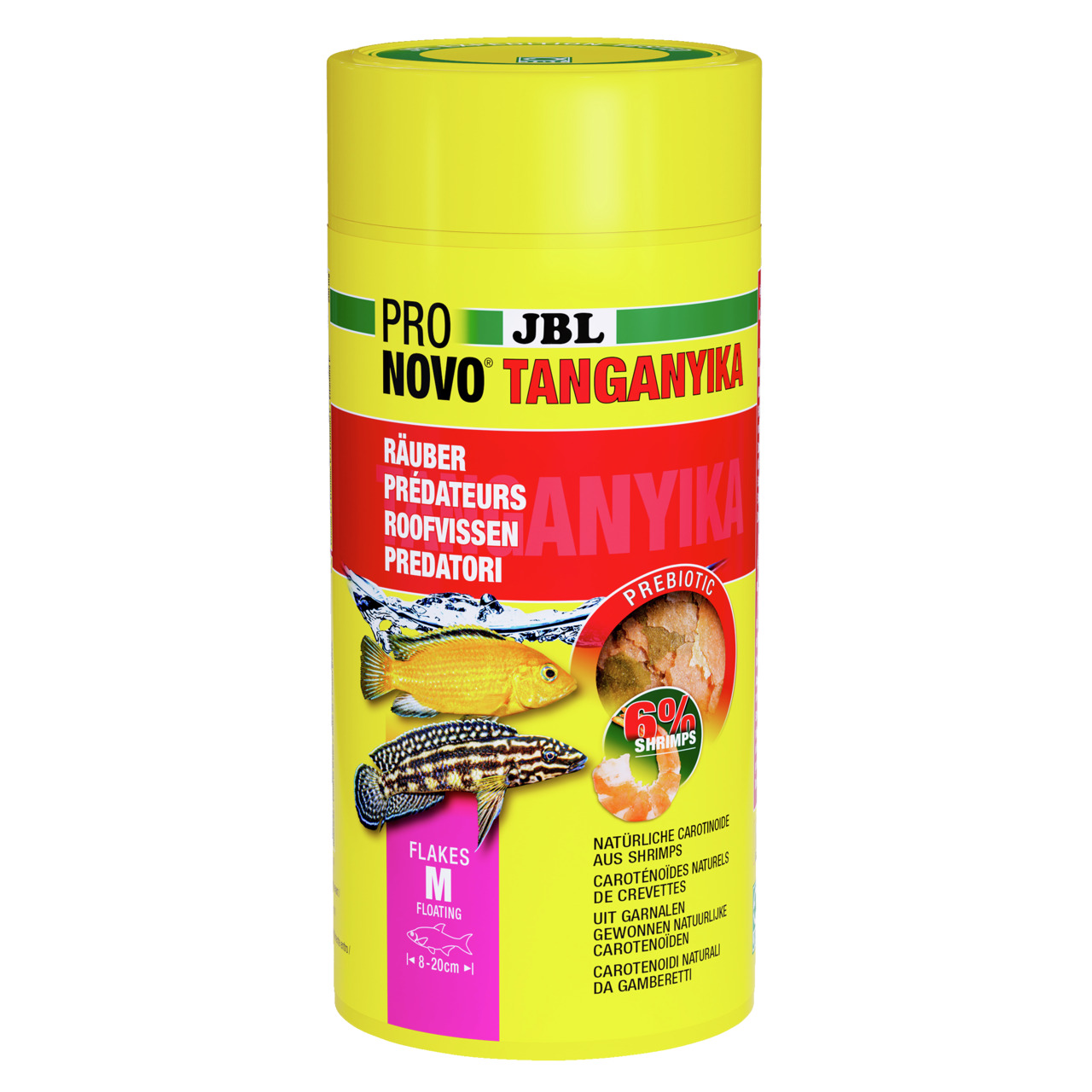 JBL ProNovo Tanganyika, Fischfutter für räuberische Zierfische (8-20 cm), 60 % Garnelen, Carotinoide, schwimmfähig, Größe M.