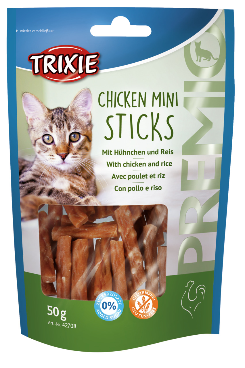 TRIXIE Chicken Mini Sticks, Katzensnack für ausgewachsene Katzen, Huhn & Reis, glutenfrei, ohne Zuckerzusatz, 50 g, wiederverschließbar.