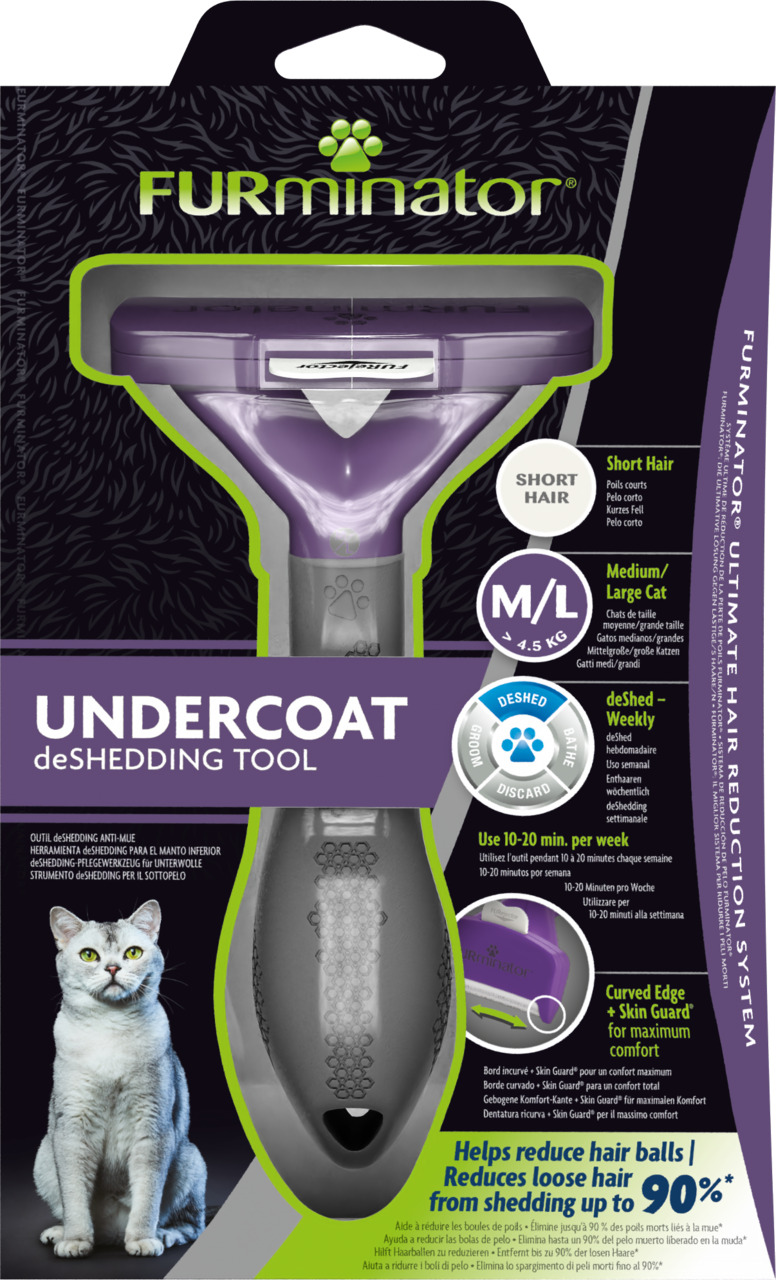 FURminator Undercoat deShedding Tool, Katzen kurzfellig, M-L, reduziert Haare bis 90 %, ergonomisch, Skin-Guard, 10–20 Min-Woche.