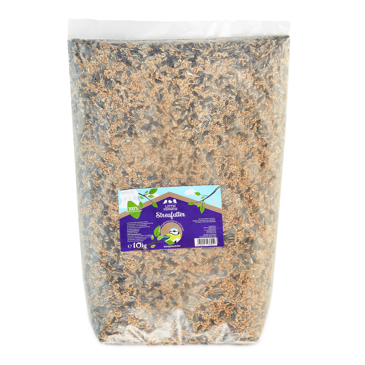 10 kg LOTTIS PIEPMÄTZE Streufutter, hochwertige Futtermischung für Wildvögel, bunte Körner- & Samenmischung, grüner Vogel auf Etikett.
