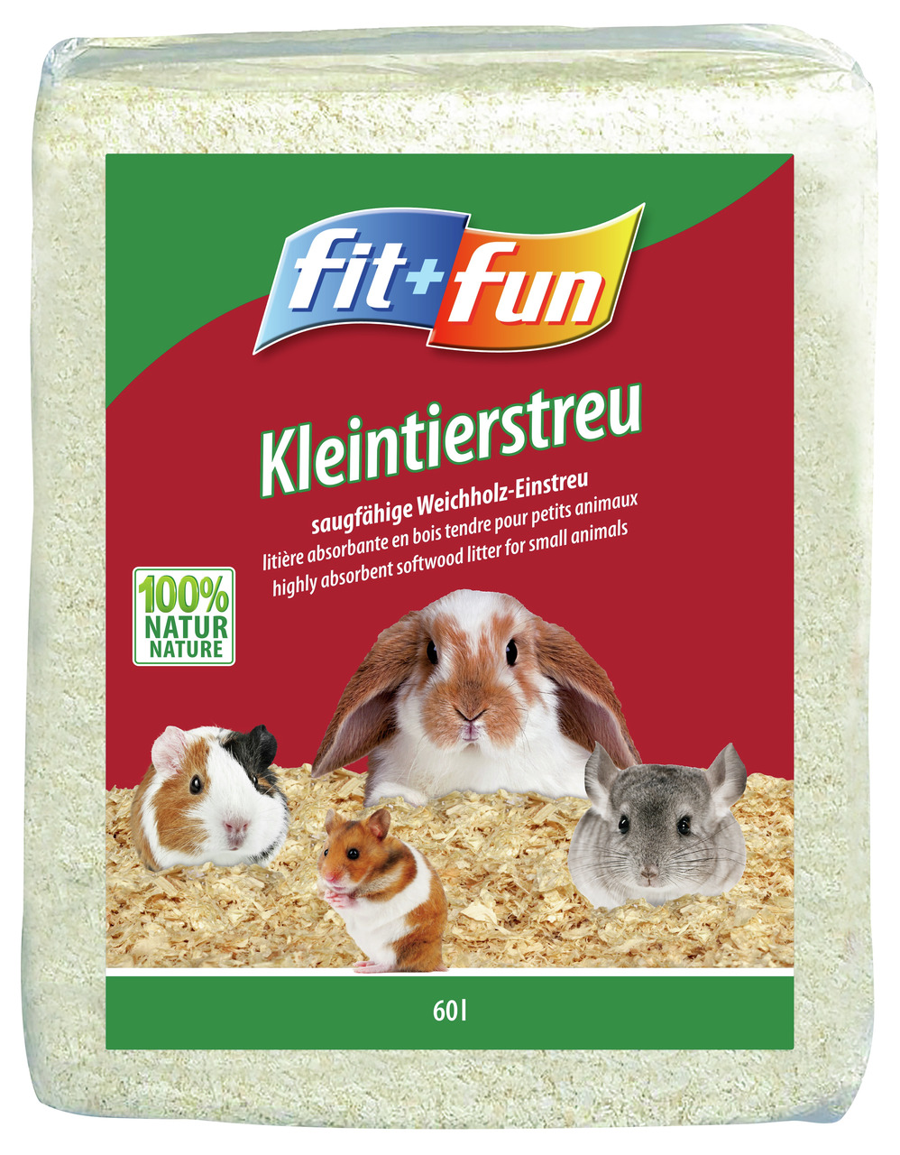 fit+fun Kleintierstreu, Weichholz-Einstreu f. Kaninchen, Meerschweinchen, Hamster & Chinchillas, 60L, 100% natürlich, saugfähig.