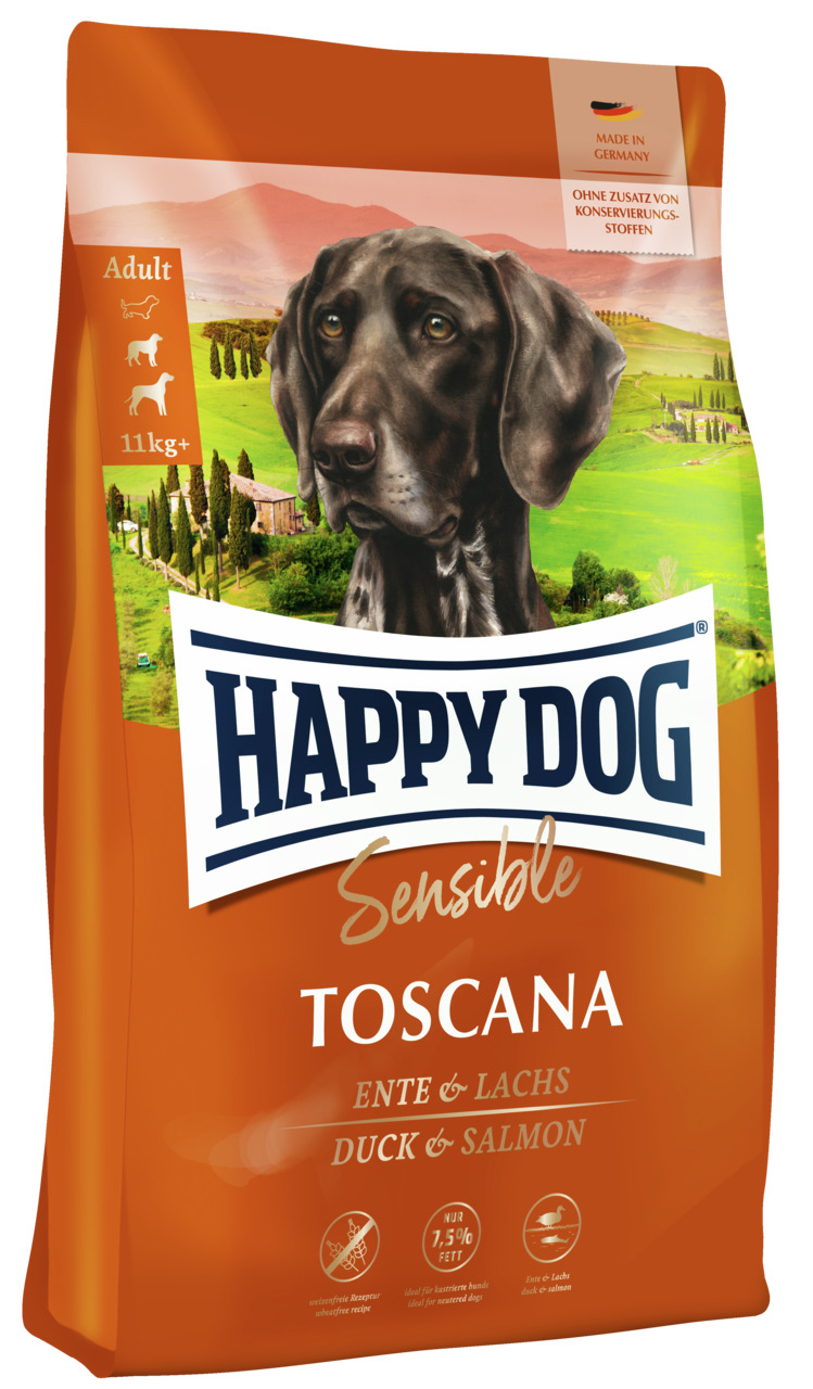 Happy Dog Sensible Toscana, Adult Hunde ab 11 kg, Ente & Lachs, fettarm (7,5 %), für empfindl. Verdauung, 4 kg, made in Germany.