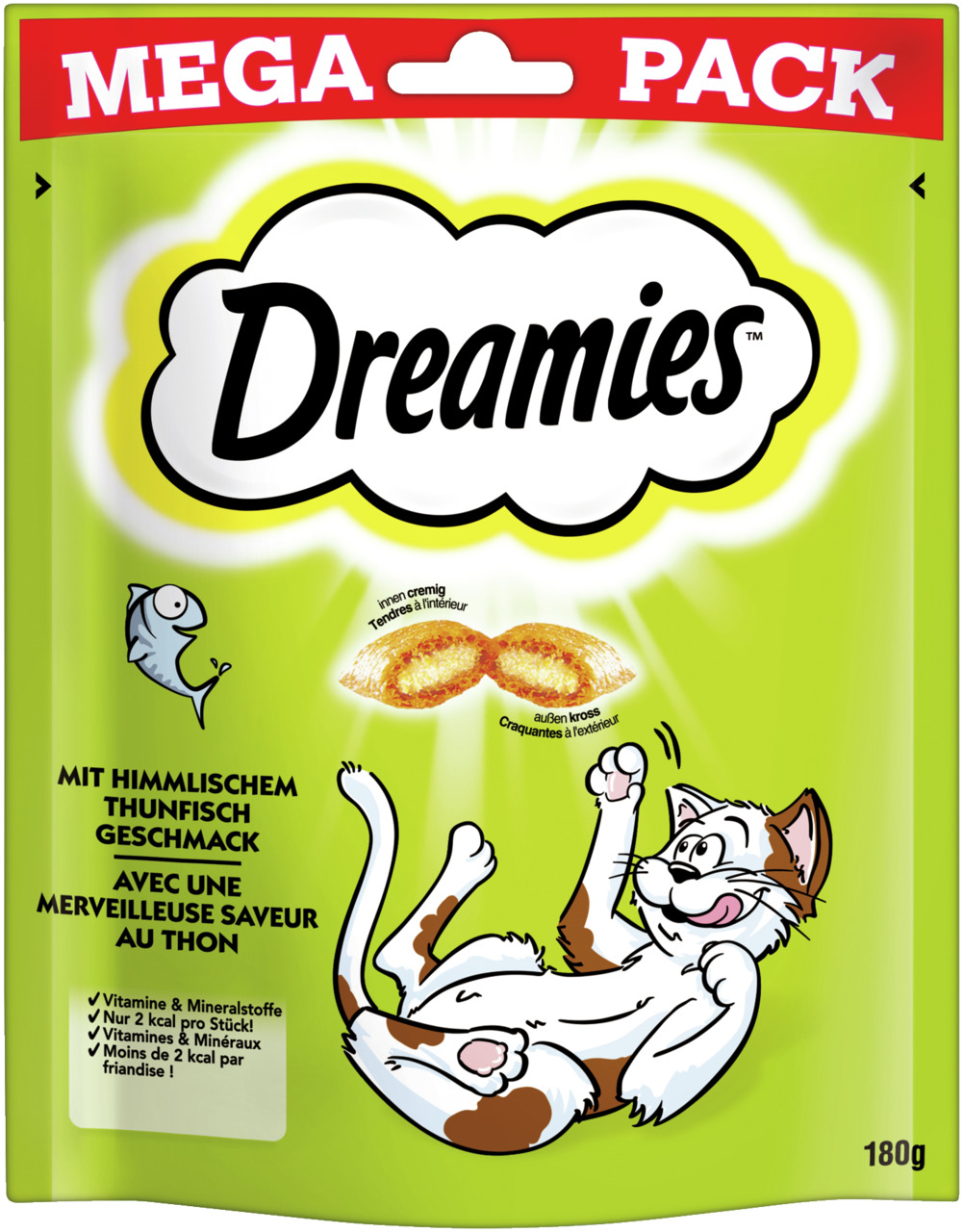 Dreamies Mega Pack 180 g, Thunfisch, für Katzen: knusprig außen, cremig innen, 