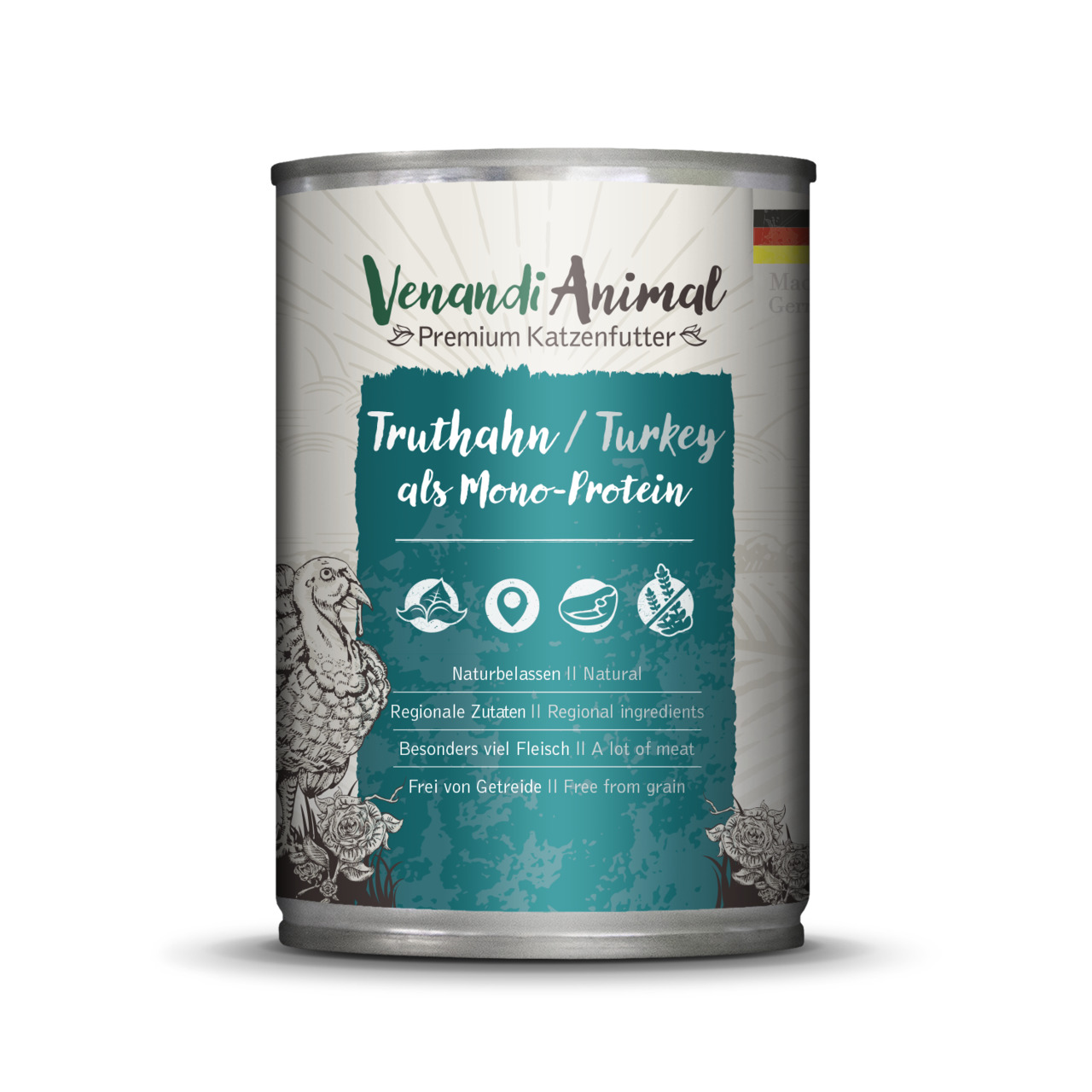 Venandi Animal Truthahn Mono-Protein, Katzen, Truthahn, natürliche Zutaten, getreidefrei, fleischreich, 400 g.
