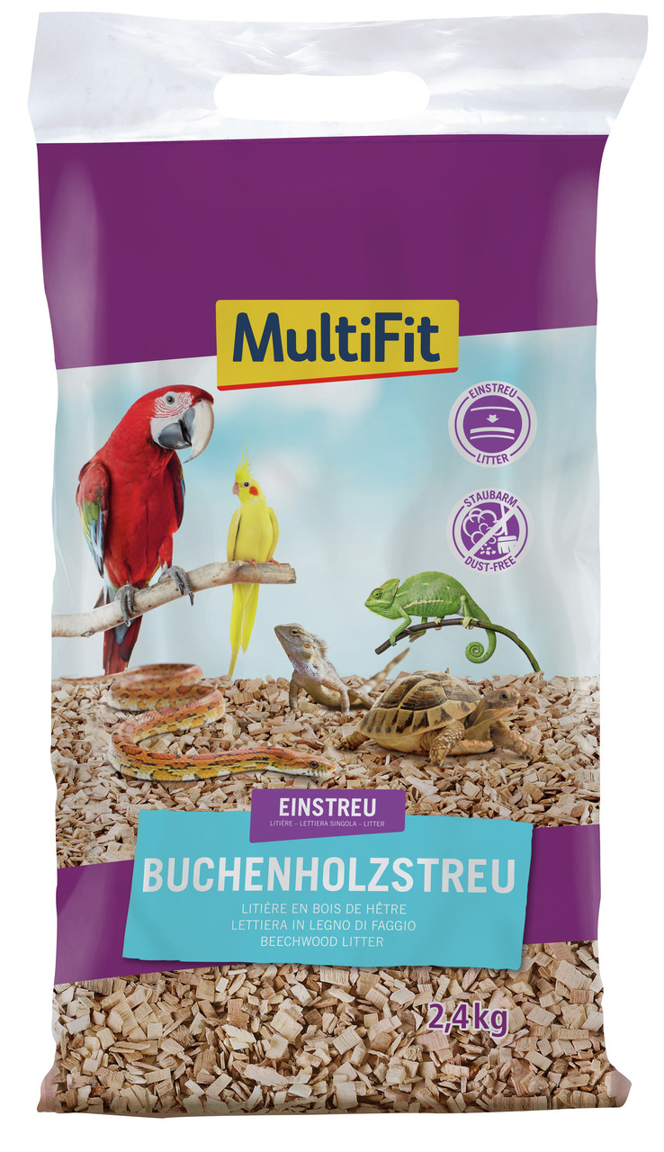 MultiFit Buchenholzstreu, 2,4 kg, für Vögel, Reptilien & Kleintiere, aus Buchenholz, lila-türkis Verpackung mit Tierabbildungen.