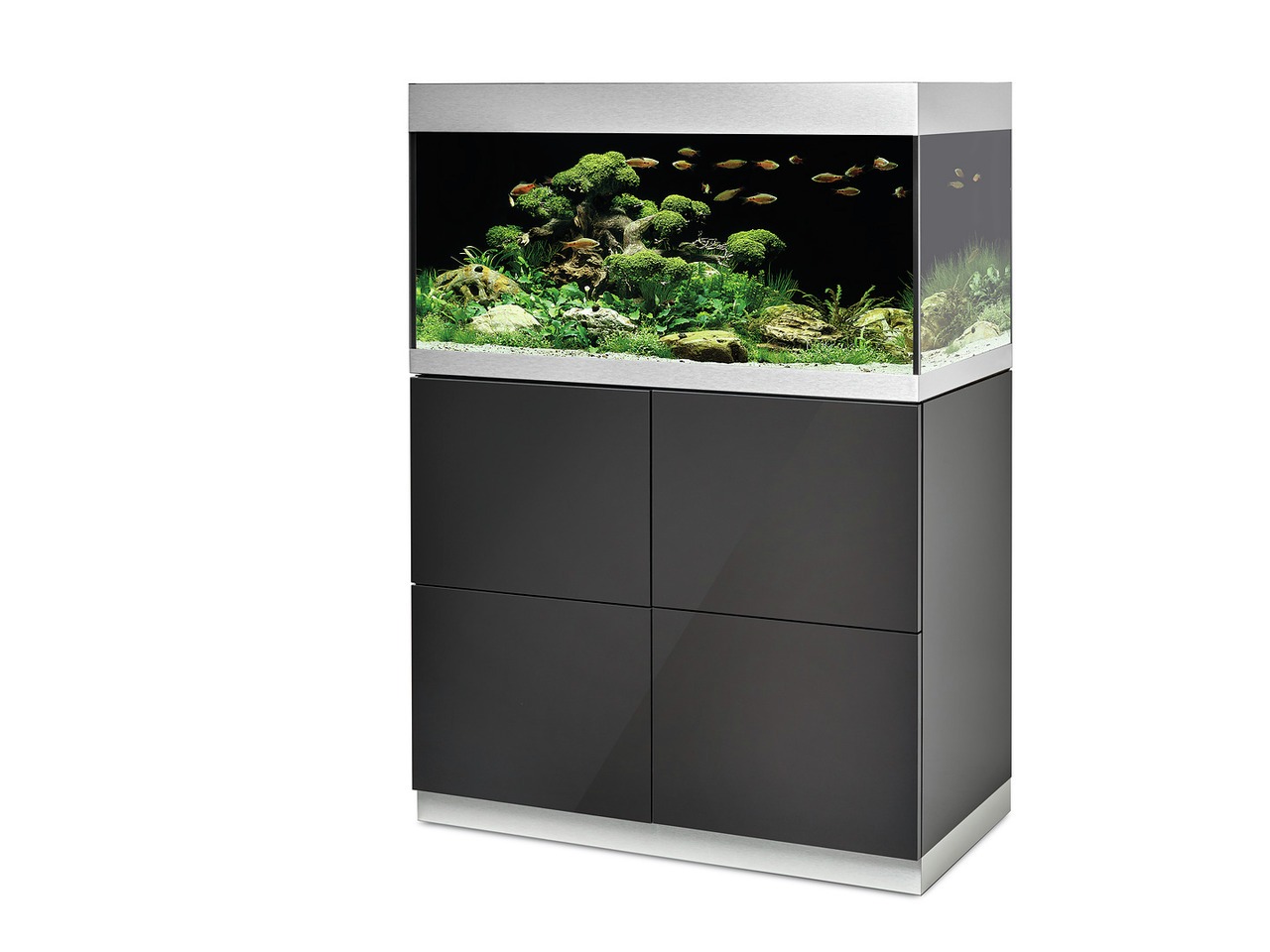 Oase HighLine 300 Aquarium-Set, 300 l, für Fischliebhaber, modernes Design, schwarzer Unterschrank, silberner Rahmen.