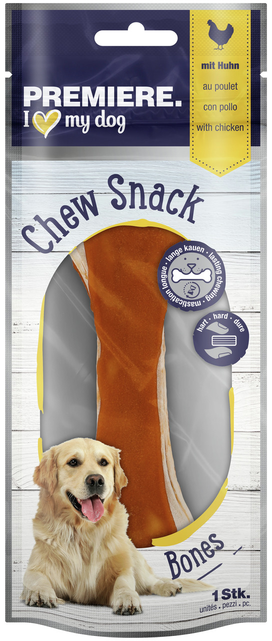 PREMIERE I love my dog Chew Snack Bones, Huhn, 1 Stk., Kausnack f. Hunde, langanhaltender Kauspaß, ideal f. Hundehalter.