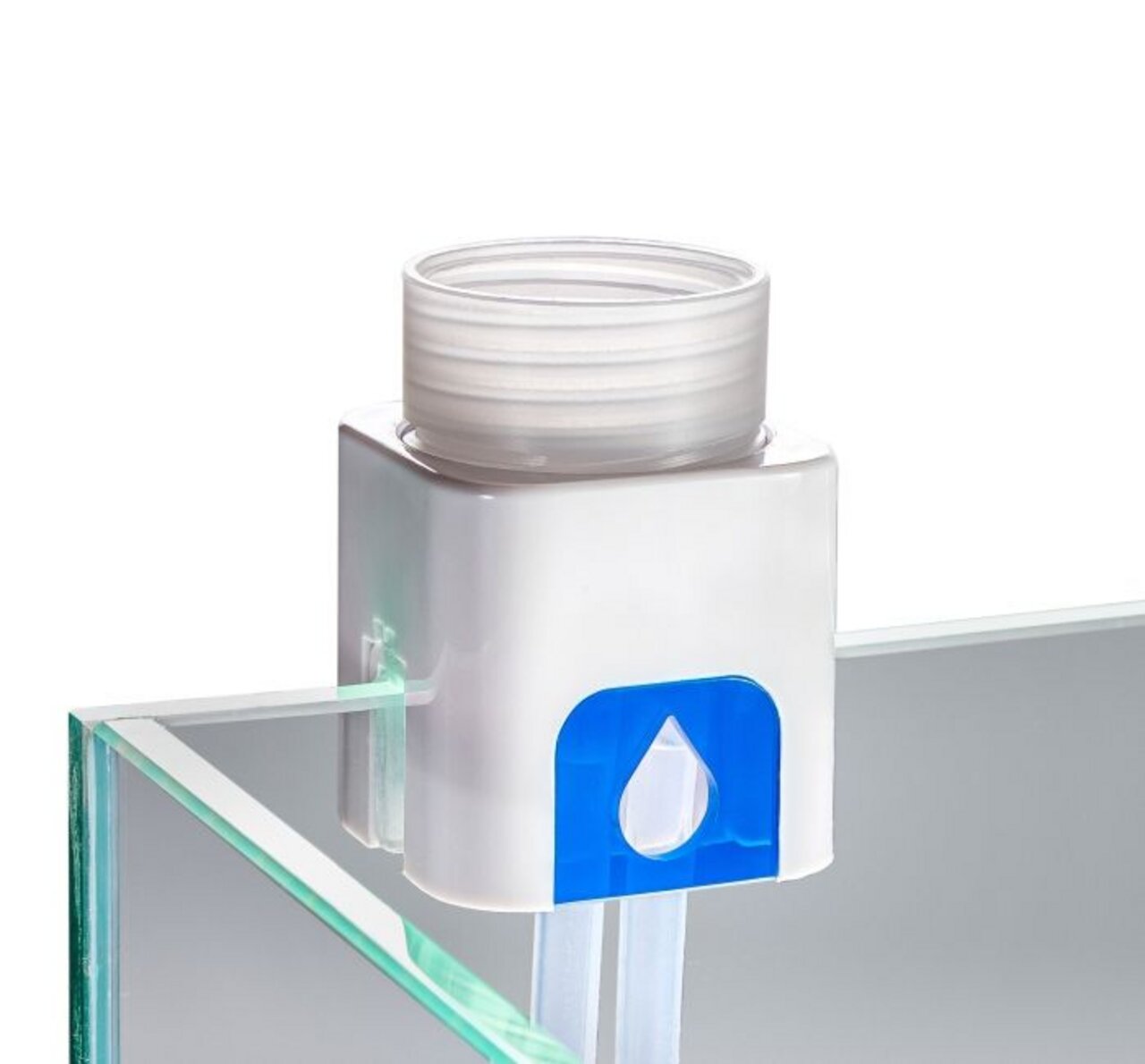 Wassernachfüllsystem für Aquarien, weiß-blaues Design, Tropfen-Symbol, einfaches Nachfüllen, für präzise Wasserzufuhr.