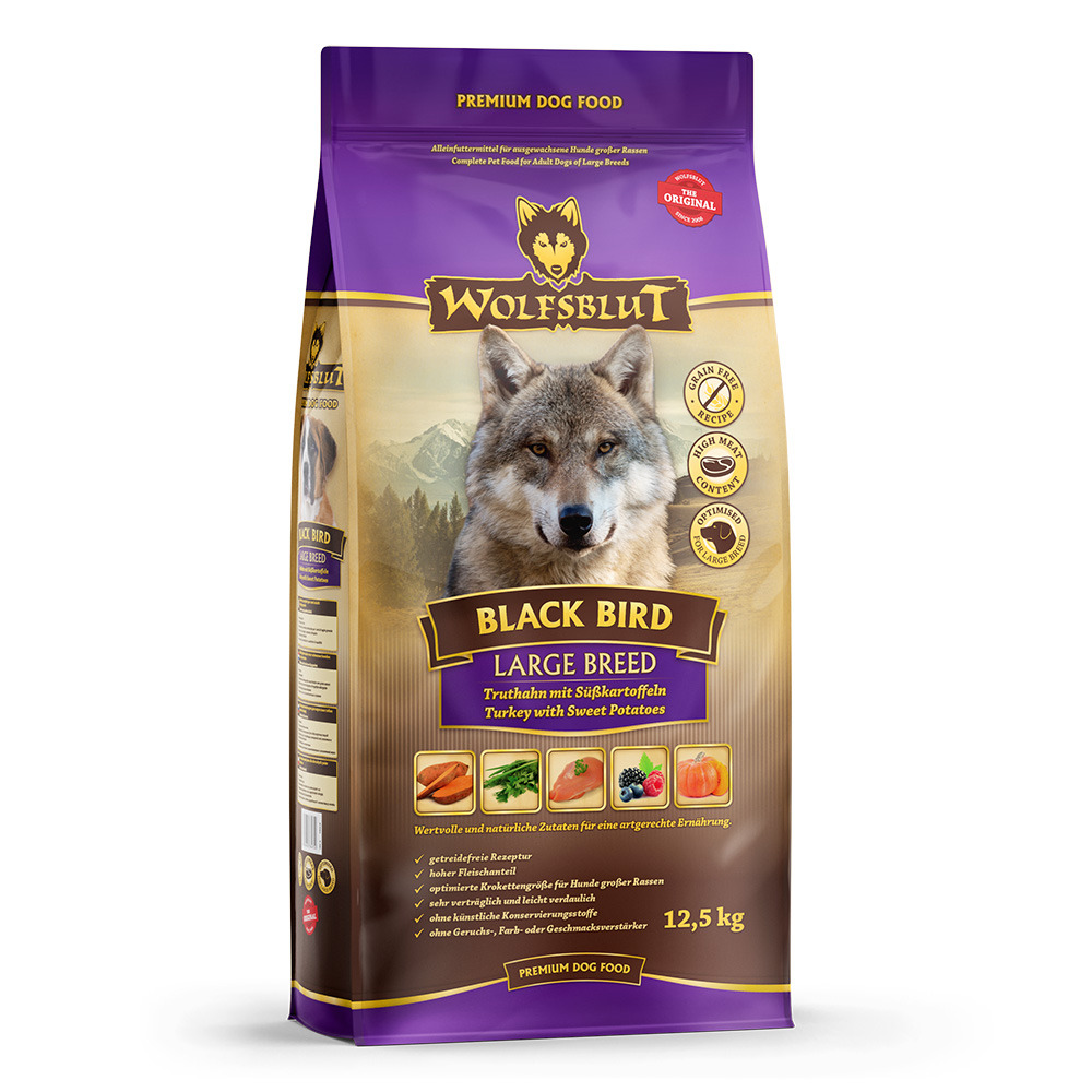 Das Bild zeigt einen 12,5-kg-Sack Wolfsblut Black Bird Large Breed Hundefutter. Die Marke Wolfsblut bietet hier ein getreidefreies Premiumfutter für große Hunderassen an. Die Geschmacksrichtung ist Truthahn mit Süßkartoffeln. Auf der Verpackung sind hochw