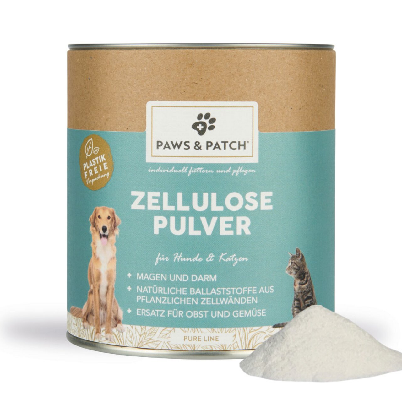 Paws & Patch Zellulose Pulver für Hunde & Katzen, unterstützt Magen & Darm, natürliche Ballaststoffe, 250 g, plastikfreie Verpackung.