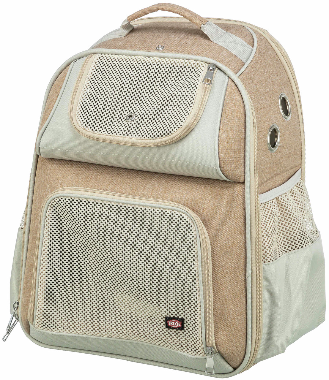 TRIXIE Rucksack beige, für Katzen & kl. Hunde, Netzfenster, gepolsterte Träger, Seitentaschen, Maße auf Bild, ideal f. sicheren Transport.