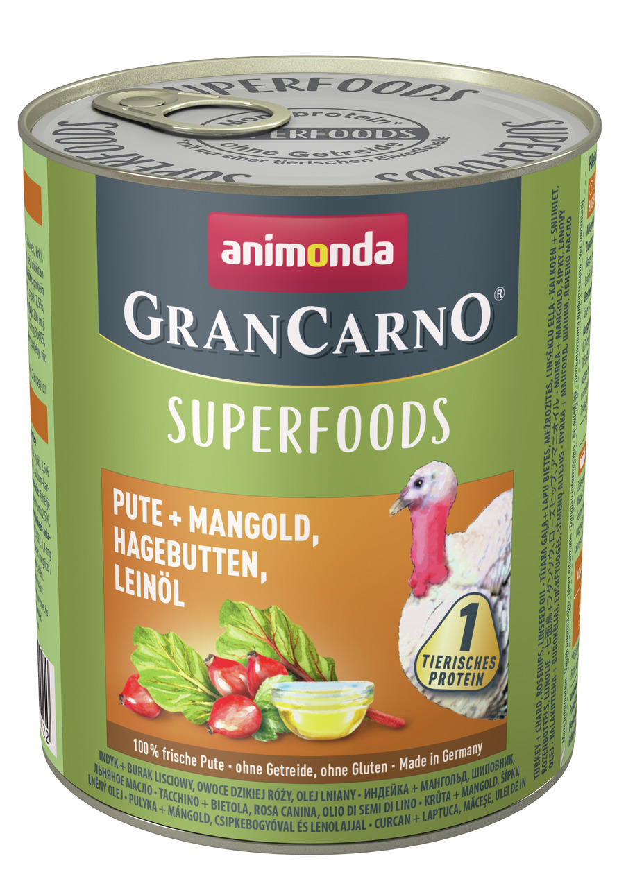 Animonda GranCarno Single Protein Superfoods Adult Pute + Mangold, Hagebutten, Leinöl Hunde Nassfutter 800 g
