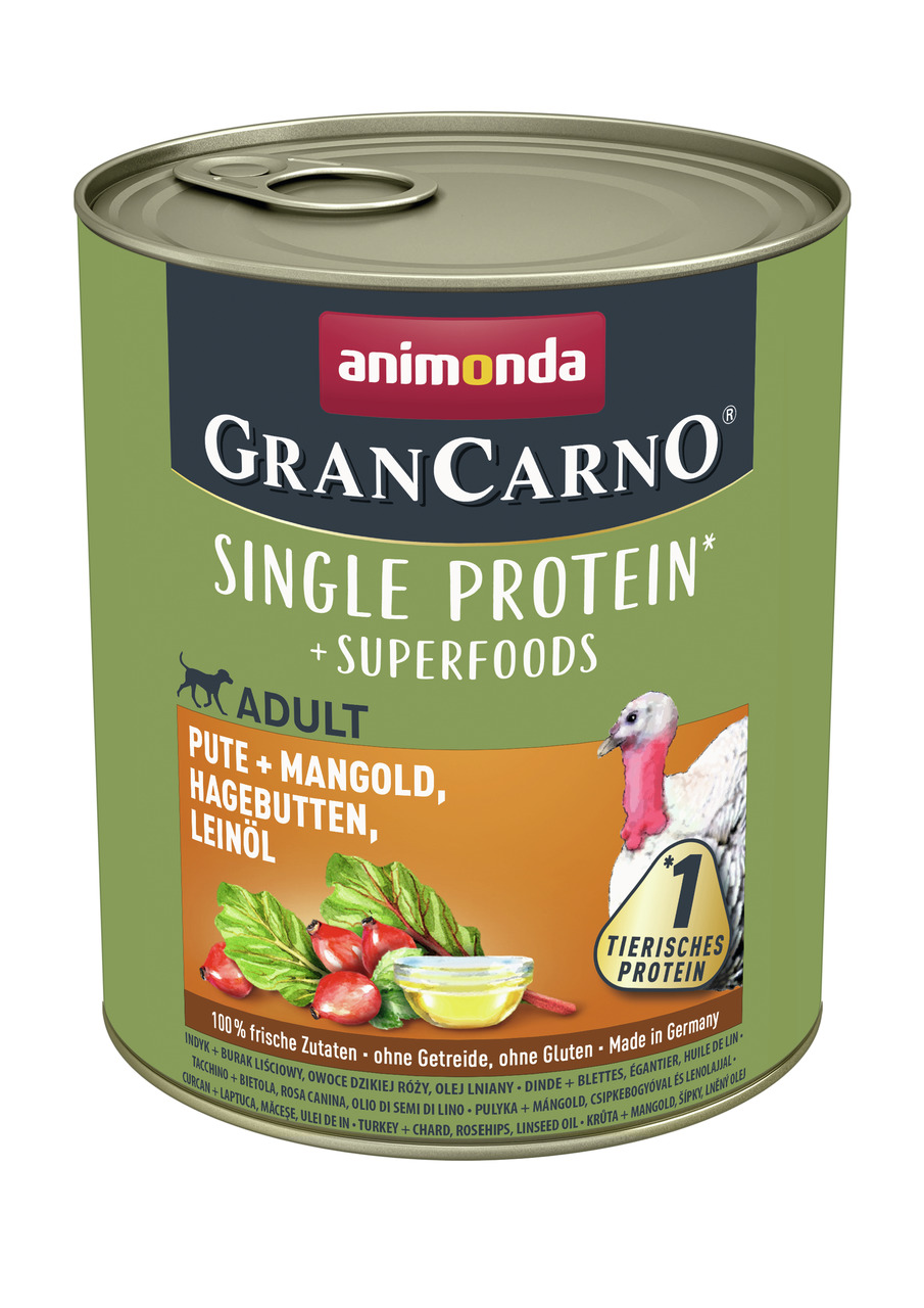Animonda GranCarno Single Protein Superfoods Adult Pute + Mangold, Hagebutten, Leinöl Hunde Nassfutter 800 g