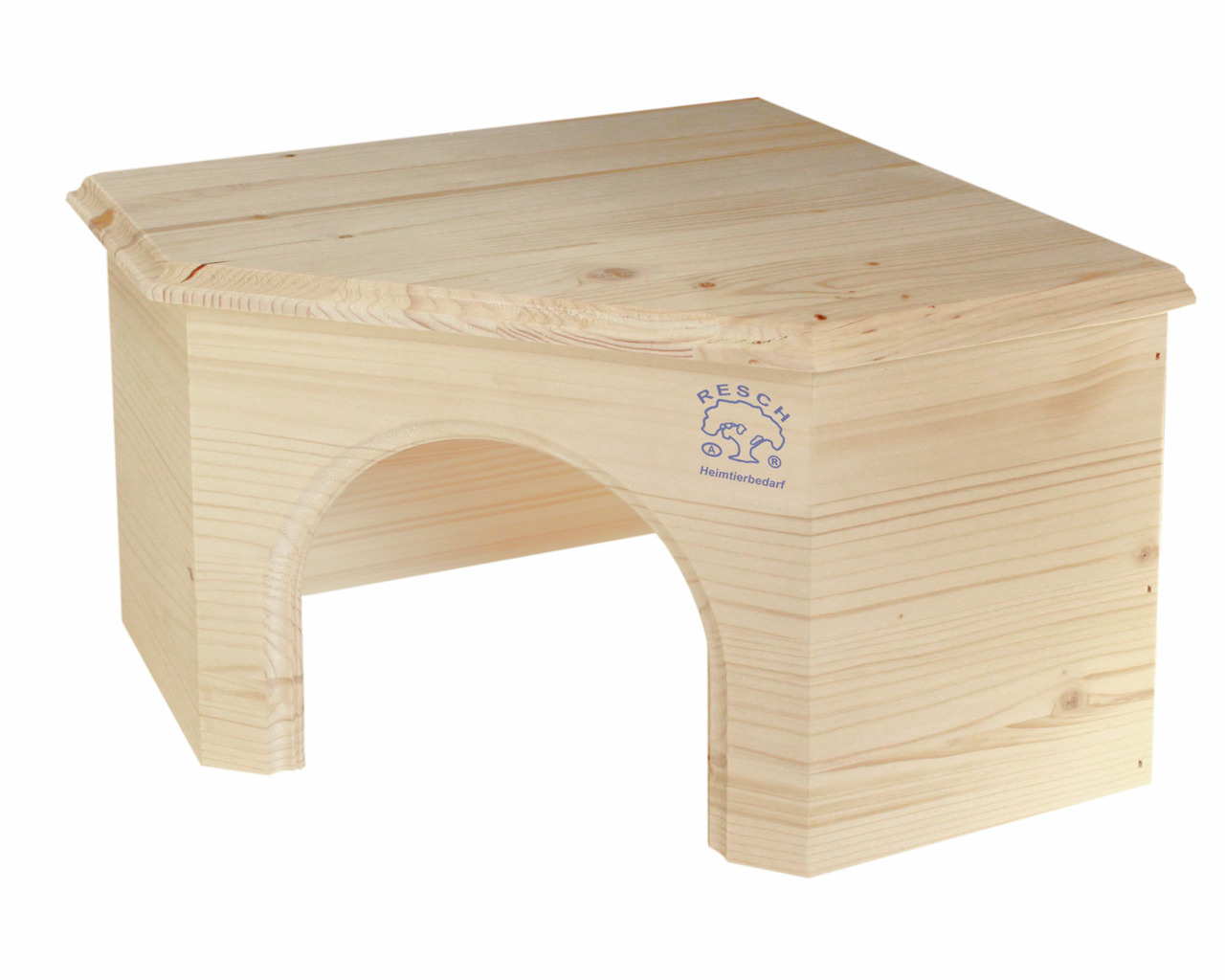 Holzhaus Resch für Nager (Meerschweinchen/Kaninchen), unbehandeltes Holz, Eingangsbogen, flaches Dach, Maße auf Bild.