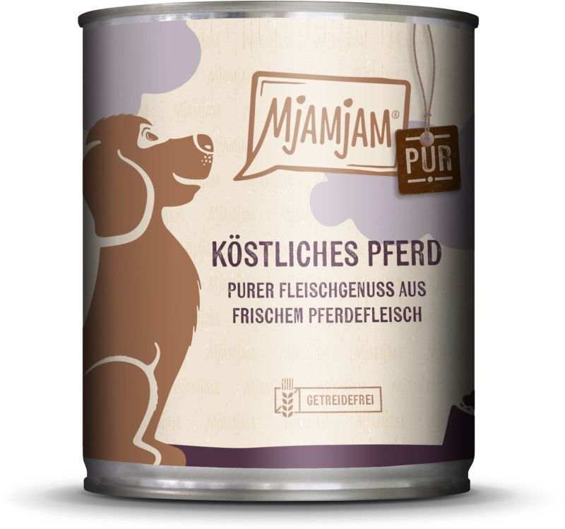 Das Bild zeigt eine Dose Hundefutter der Marke MJAMJAM mit der Geschmacksrichtung „Köstliches Pferd“. Es handelt sich um getreidefreies Nassfutter für Hunde, das aus frischem Pferdefleisch besteht. Die Verpackung betont den puren Fleischgenuss und ist in 