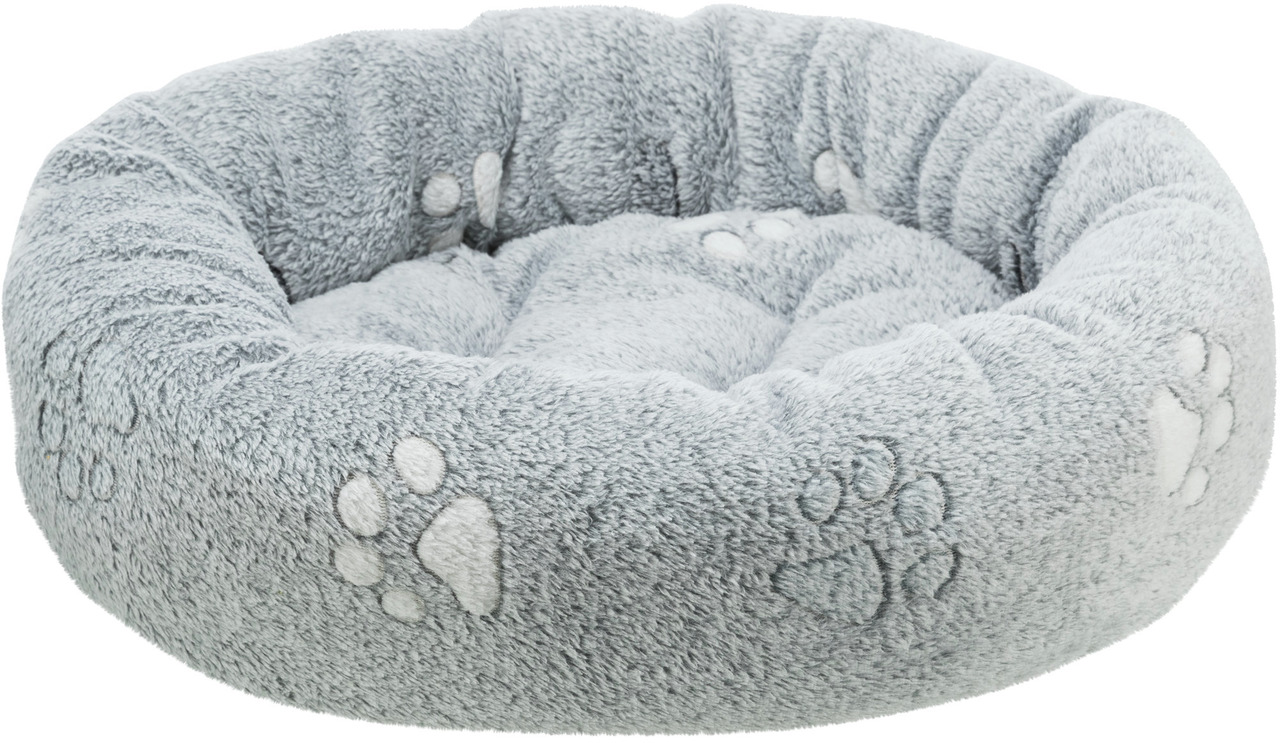 Weiches, rundes Haustierbett von TRIXIE, Modell 4011905378442, ideal für Hunde und Katzen. Das graue Bett besteht aus flauschigem Material mit dekorativen Pfotenabdrücken. Es bietet hohen Komfort und eignet sich perfekt für kleine bis mittelgroße Haustier