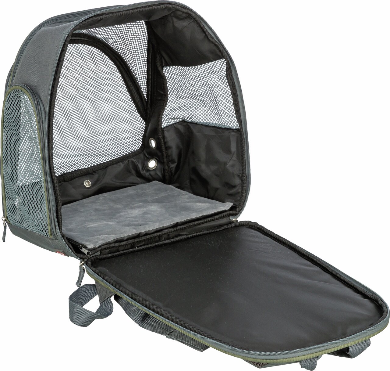TRIXIE Rucksack für Hunde und Katzen, atmungsaktive Netzteile, ideal für unterwegs, schwarz-grau, große Öffnung vorne.