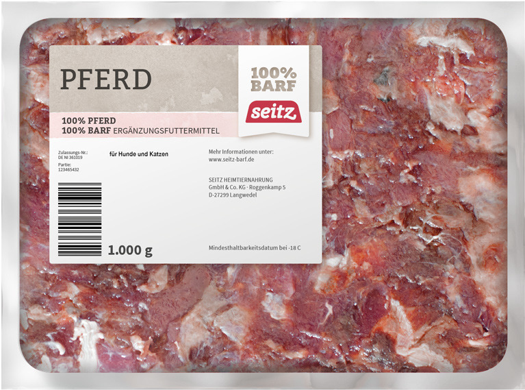 Seitz 100% BARF Pferd, 1.000 g Pferdefleisch, für Hunde & Katzen, natürliche Qualität, MHD bei -18 °C.
