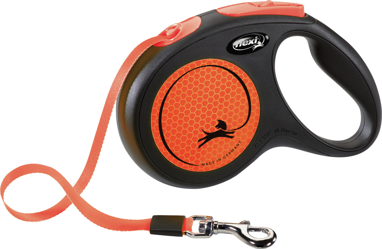 Das Bild zeigt eine Flexi Hundeleine aus der Classic-Serie in der Größe M. Die Leine ist schwarz mit einem auffälligen, orangefarbenen Design und einem reflektierenden Muster. Sie ist für Hunde bis 25 kg geeignet und hat eine Länge von 5 Metern. Der ergon