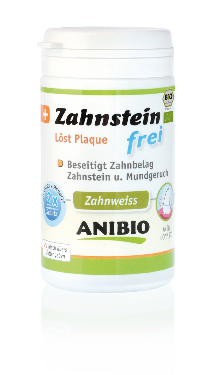 Dose ANIBIO Zahnstein-frei für Hunde und Katzen, entfernt Zahnstein und Mundgeruch, 60 g, einfach über das Futter geben.