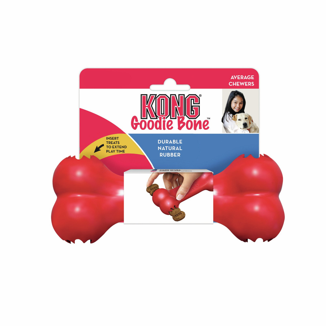 KONG Goodie Bone, Hundespielzeug, robustes Gummi, für durchschnittl. Kauer, rot, befüllbar mit Leckerlis, langlebig.