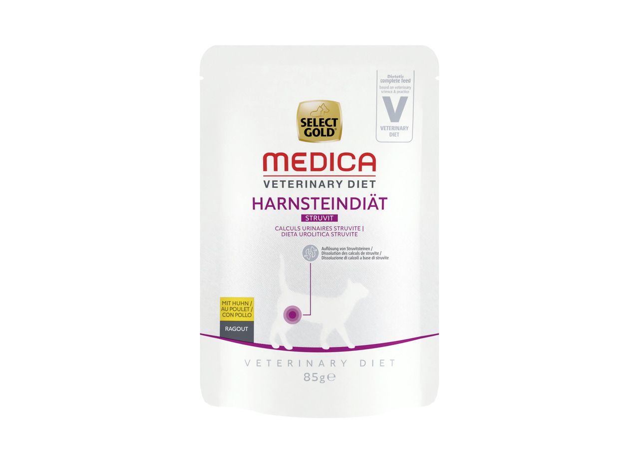 Select Gold Medica Vet. Diet Harnsteindiät Struvit für Katzen, Nassfutter Huhn, gegen Struvitsteine, 85 g.