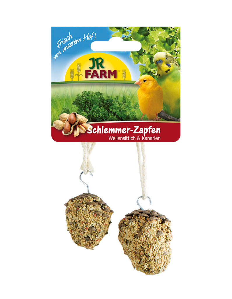 JR FARM Schlemmer-Zapfen für Wellensittiche & Kanarienvögel, 2 Stk., natürl. Snack „Frisch von unserem Hof!“, mit Saaten & Körnern.