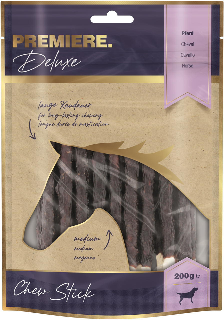 PREMIERE Deluxe Chew Stick für mittelgr. Hunde, Geschmacksr. Pferd, lange Kaudauer, 200 g.