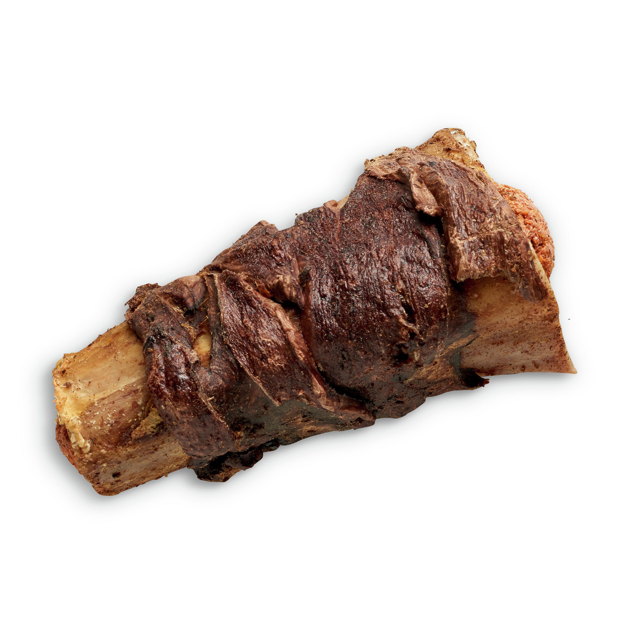 Das Bild zeigt einen natürlichen Kauknochen von der Marke Lottis Häppchen, speziell für Hunde. Der Knochen ist mit getrocknetem Fleisch umwickelt und bietet eine schmackhafte Beschäftigung für Hunde. Ideal zur Zahnpflege und als Belohnung. Geschmacksricht
