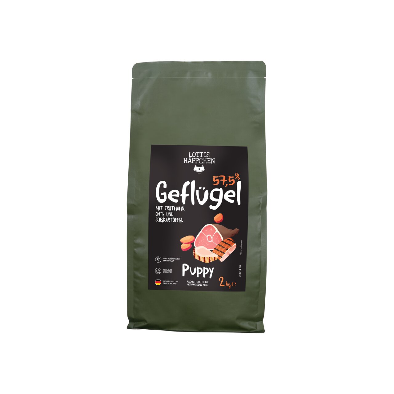 Hundetrockenfutter von Lottis Häppchen für Welpen, mit Geflügel (Truthahn, Ente), Süßkartoffel, 2 kg, 57,5 % Fleischanteil.