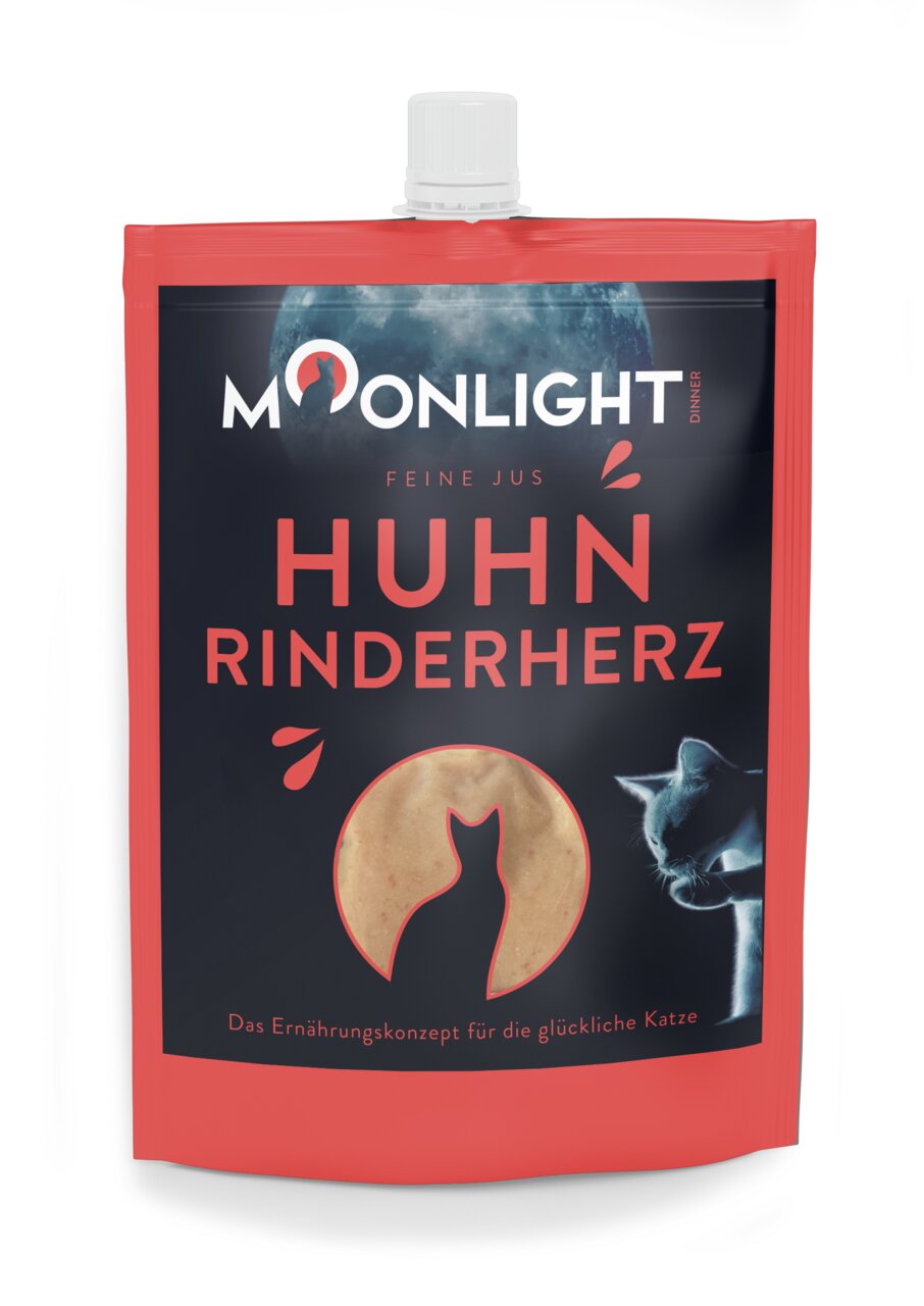 Moonlight Dinner Feine Jus Huhn & Rinderherz, Katzenfutter, Geschmacksrichtung Huhn & Rinderherz, 100 g, für glückliche Katzen.
