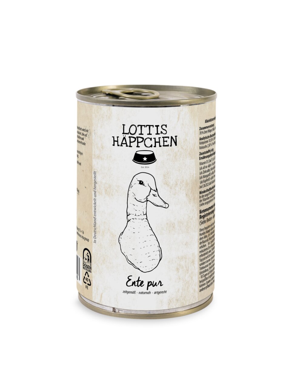 Eine Dose Hundefutter der Marke Lottis Häppchen mit der Geschmacksrichtung „Ente pur“. Das Produkt ist für Hunde geeignet und enthält 400 g. Auf der Verpackung steht „zeitgemäß, naturnah, artgerecht“. Die Dose zeigt eine Illustration einer Ente und betont