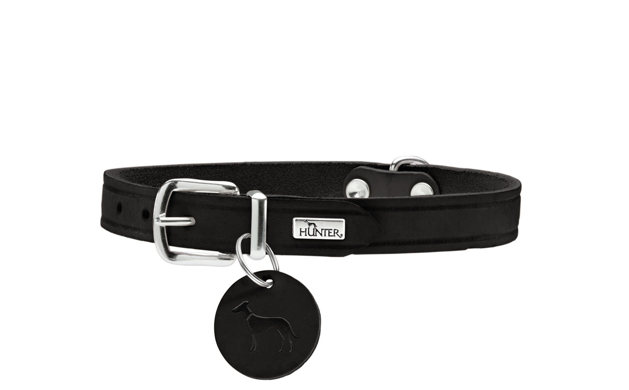 HUNTER Hundehalsband, Leder, Silber-Schnalle, Metallanhänger (Hund-Profil), für alle Größen, stilvoll & robust, EAN: 4016739660398.