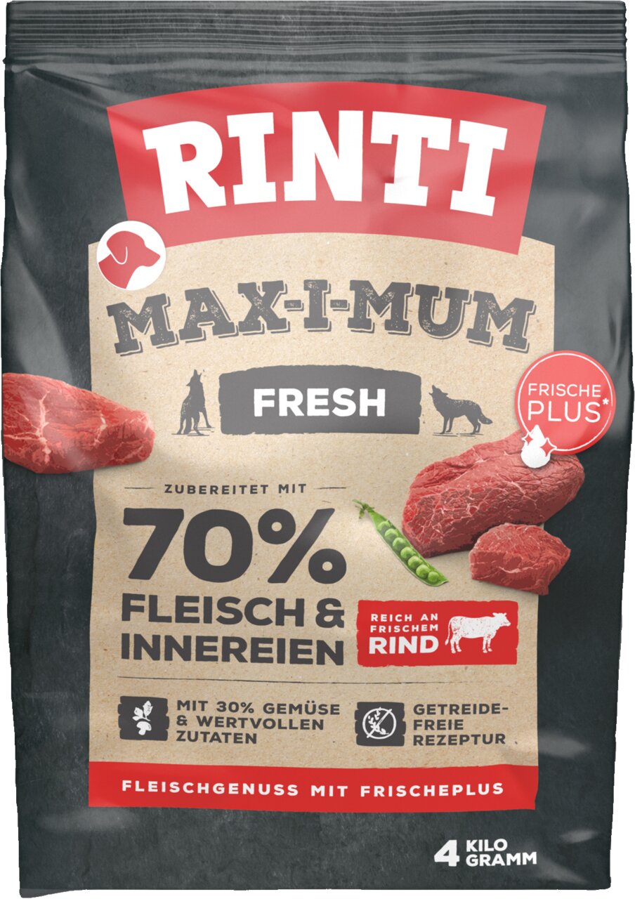 RINTI Max-I-Mum Fresh Hundefutter, Rind, getreidefrei, 70 % Fleisch & Innereien, 4 kg, mit Gemüse, für ausgewachsene Hunde.