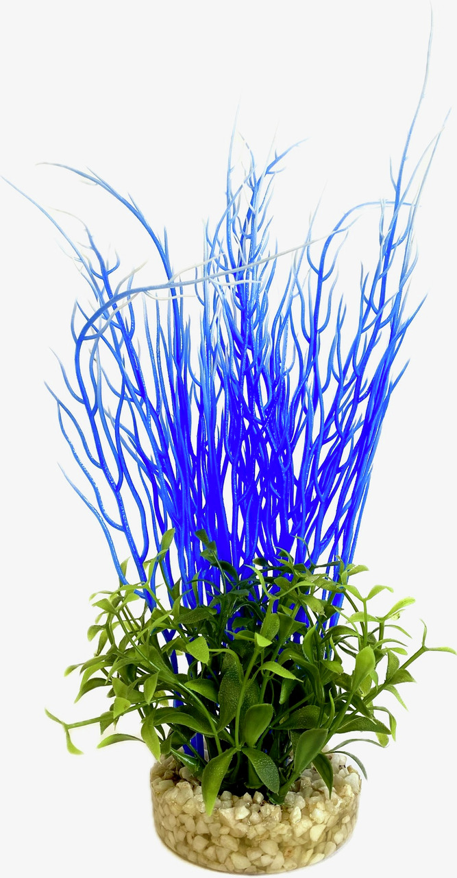 Sydeco künstl. Aquariumpflanze, leuchtend blaue Stiele & grüne Blätter, Sockel mit weißen Steinen, ideal für naturnahe Aquarien.
