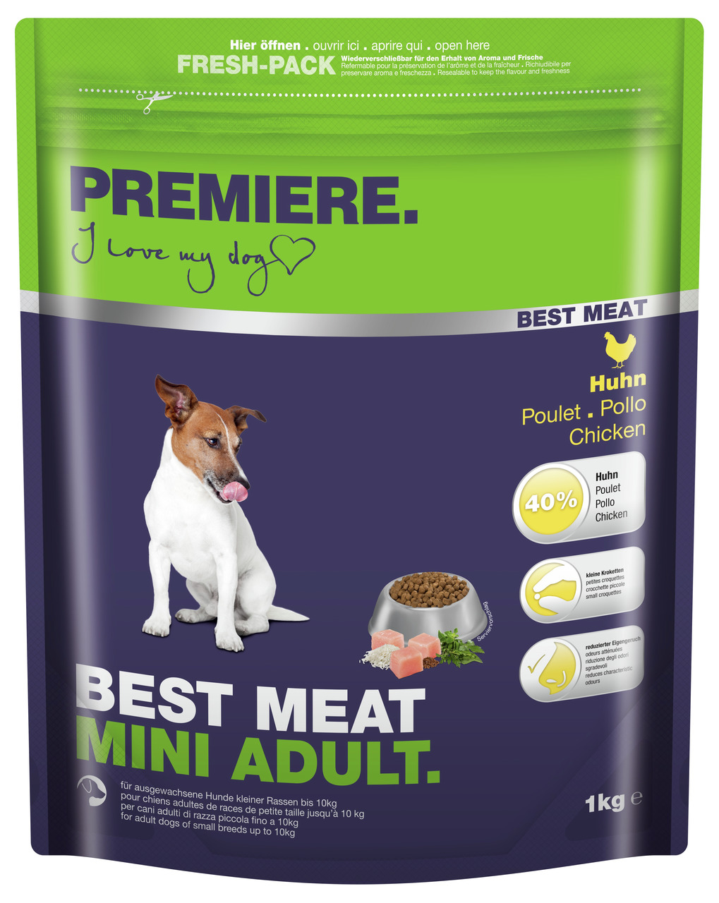 Das Bild zeigt eine Verpackung des Hundefutters „PREMIERE Best Meat Mini Adult“ mit Huhn-Geschmack. Es ist speziell für ausgewachsene Hunde kleiner Rassen bis 10 kg geeignet. Die Verpackung enthält 1 kg Futter mit 40 % Huhn, kleinen Kroketten und reduzier