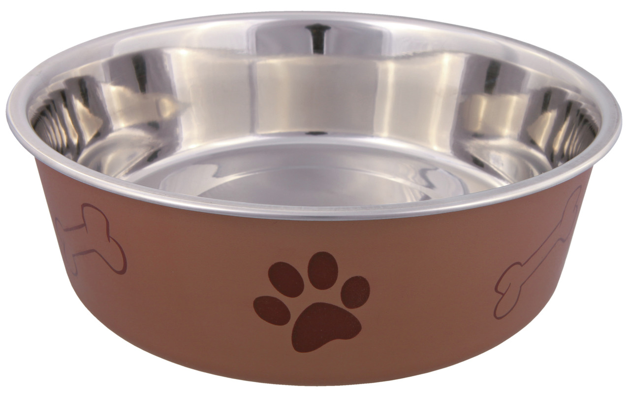 TRIXIE Futternapf für Hunde, Edelstahl, braune Außenseite mit Knochen--Pfotenmotiven, robust, leicht zu reinigen, ideal für Futter-Wasser.