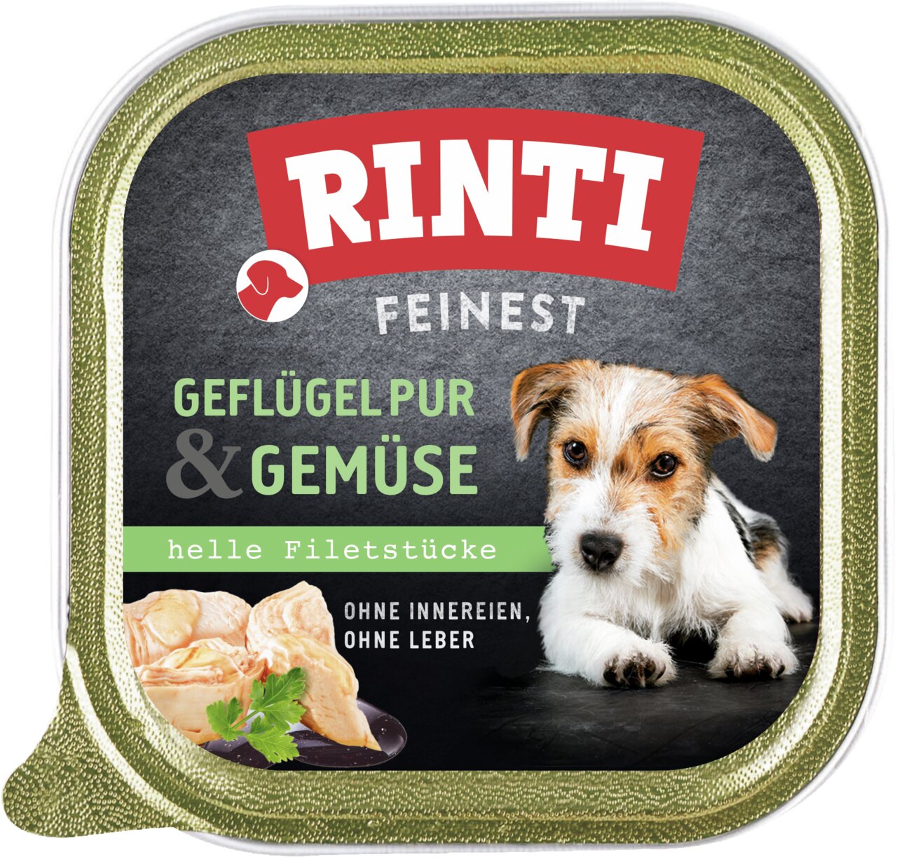 RINTI Feinest Geflügel pur & Gemüse für Hunde, helle Filetstücke, ohne Innereien und Leber, 400 g.