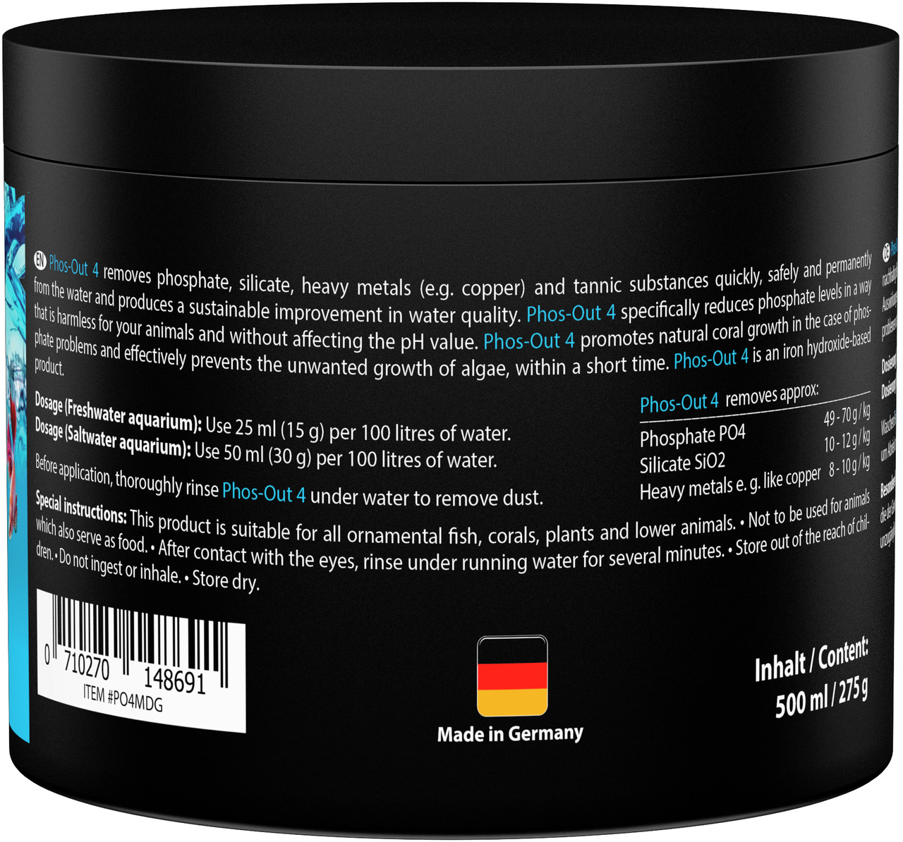 MICROBE-LIFT Phos-Out 4, Wasserpflege f. Süß--Meerwasseraquarien, entfernt Phosphate, Silikate & Schwermetalle, 500 ml (275 g).