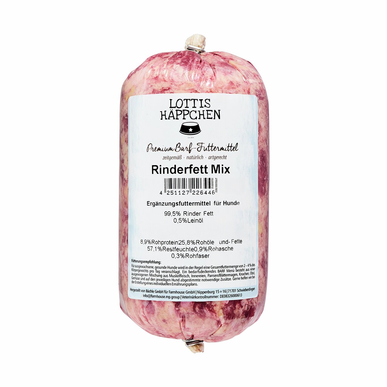 Lottis Häppchen Rinderfett Mix, Ergänzungsfutter f. Hunde, 99,5 % Rinderfett, 0,5 % Leinöl, 500 g, Energiequelle f. BARF-Fütterung.