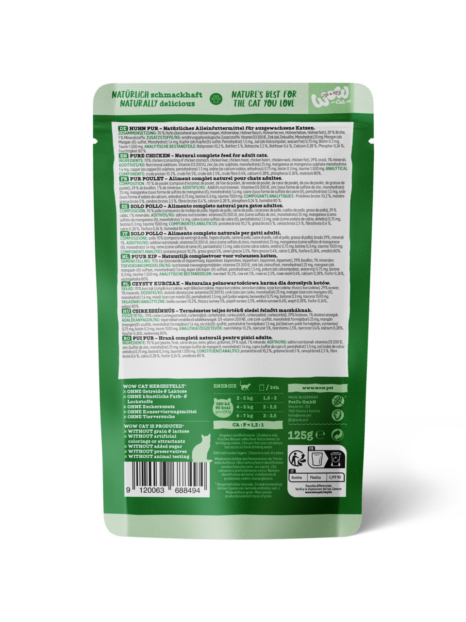 Rückseite einer grünen Verpackung des Katzenfutters „WOW CAT Huhn Pur“. Geeignet für ausgewachsene Katzen. Geschmacksrichtung: Huhn. Enthält 125 g. Ohne Getreide, künstliche Farb- und Lockstoffe, Zuckerzusatz, Konservierungsmittel und Tierversuche. Herges