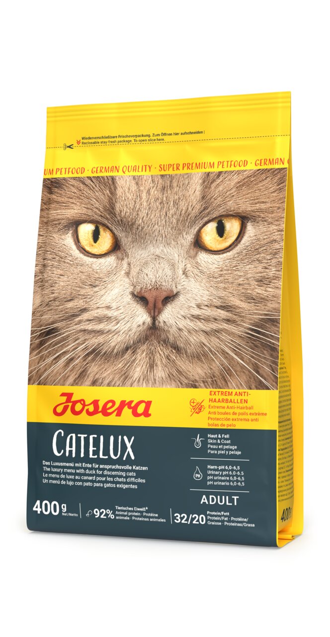 Josera Catelux Trockenfutter für adulte Katzen, mit Ente und Kartoffel, anti-Haarballen, Harn-pH 6,0–6,5, 400 g.