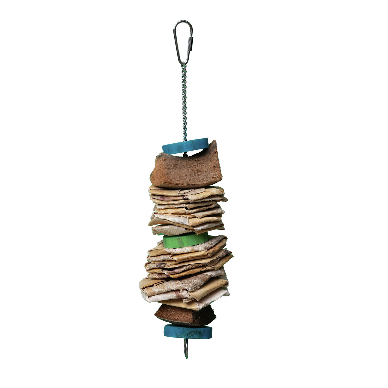 Happy Pet Vogelspielzeug „Quapas“ für Papageien-Sittiche, aus Holz, Kokos, Pappe, mit Metallkette, Beschäftigung & Knabbern.